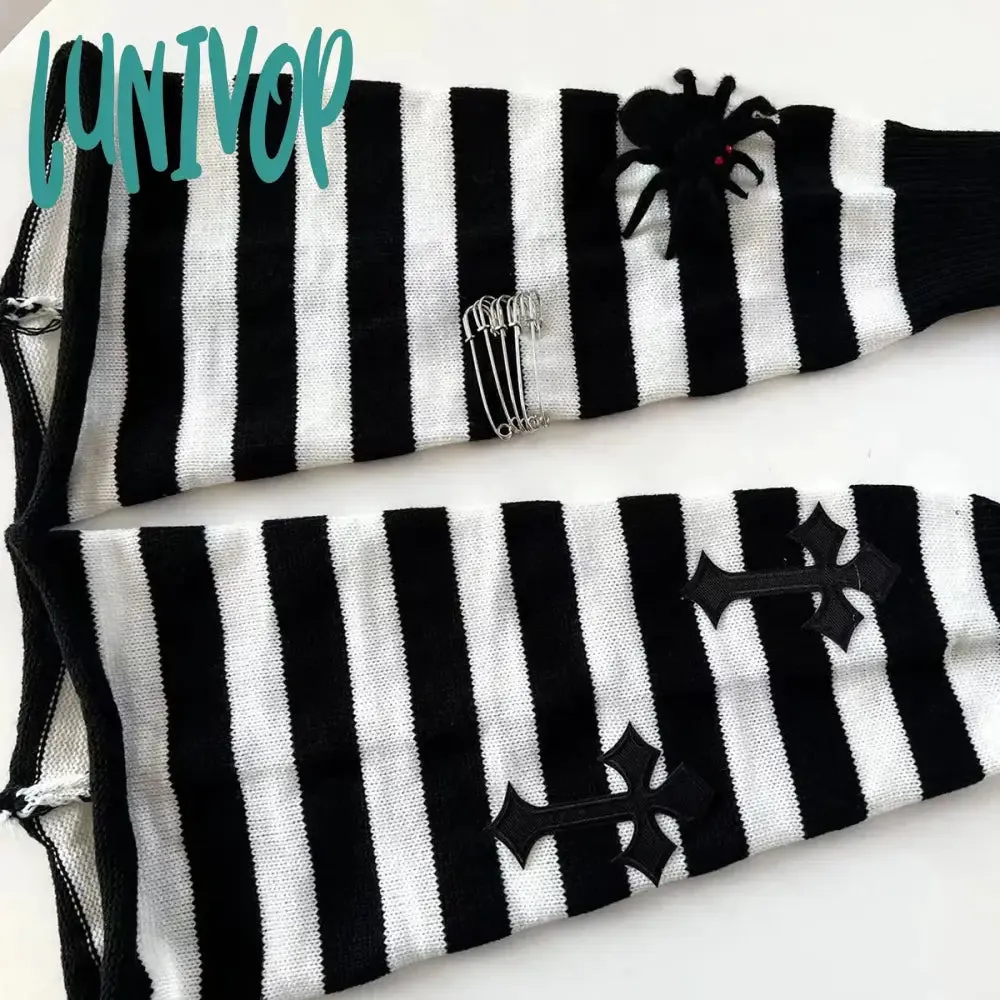 Lunivop Cross Punk Leg Warmers Knitted Striped Harajuku Y2K Punk Spider Pendant Paper Clip Halloween Accessories Dark for JK Women sock