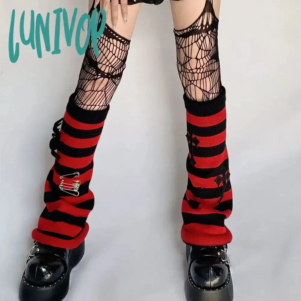 Lunivop Cross Punk Leg Warmers Knitted Striped Harajuku Y2K Punk Spider Pendant Paper Clip Halloween Accessories Dark for JK Women sock