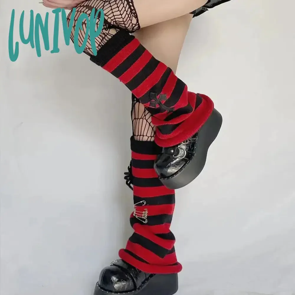 Lunivop Cross Punk Leg Warmers Knitted Striped Harajuku Y2K Punk Spider Pendant Paper Clip Halloween Accessories Dark for JK Women sock