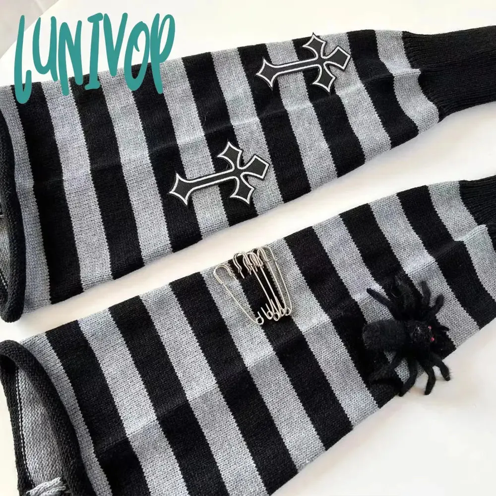 Lunivop Cross Punk Leg Warmers Knitted Striped Harajuku Y2K Punk Spider Pendant Paper Clip Halloween Accessories Dark for JK Women sock