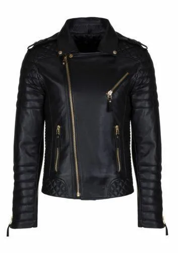 Men Genuine Lambskin Quilted Real Leather Motorcycle Slim fit Biker Jacket