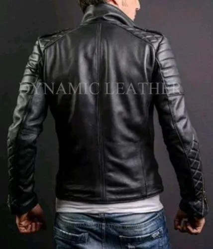 MEN’S FASHION GENUINE LEATHER SLIM FIT QUILTED BLACK LEATHER BIKER JACKET