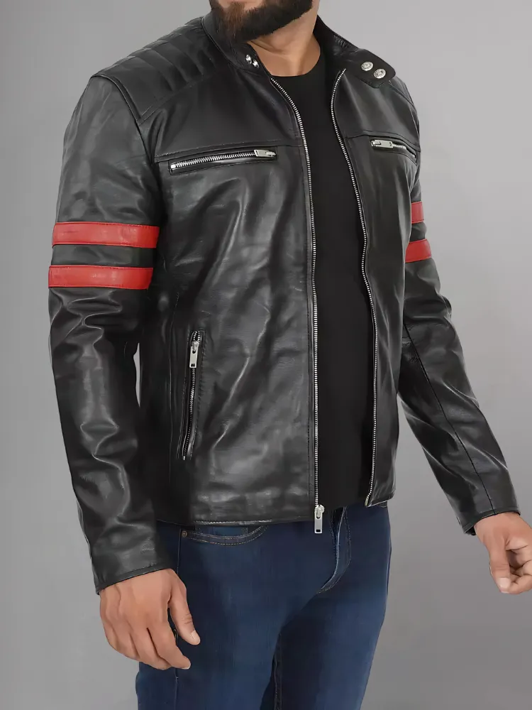 Mens Red Striped Black Leather Jacket