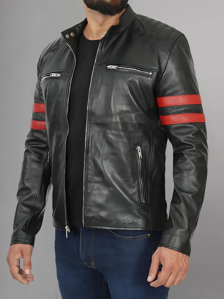 Mens Red Striped Black Leather Jacket