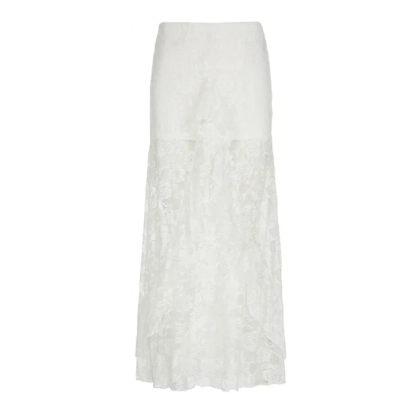 Metaversmall Fashion Asymmetrical Ruffles Sexy Lace Skirt Women White See Through Streetwear Club Party Design Long Skirt Outfits