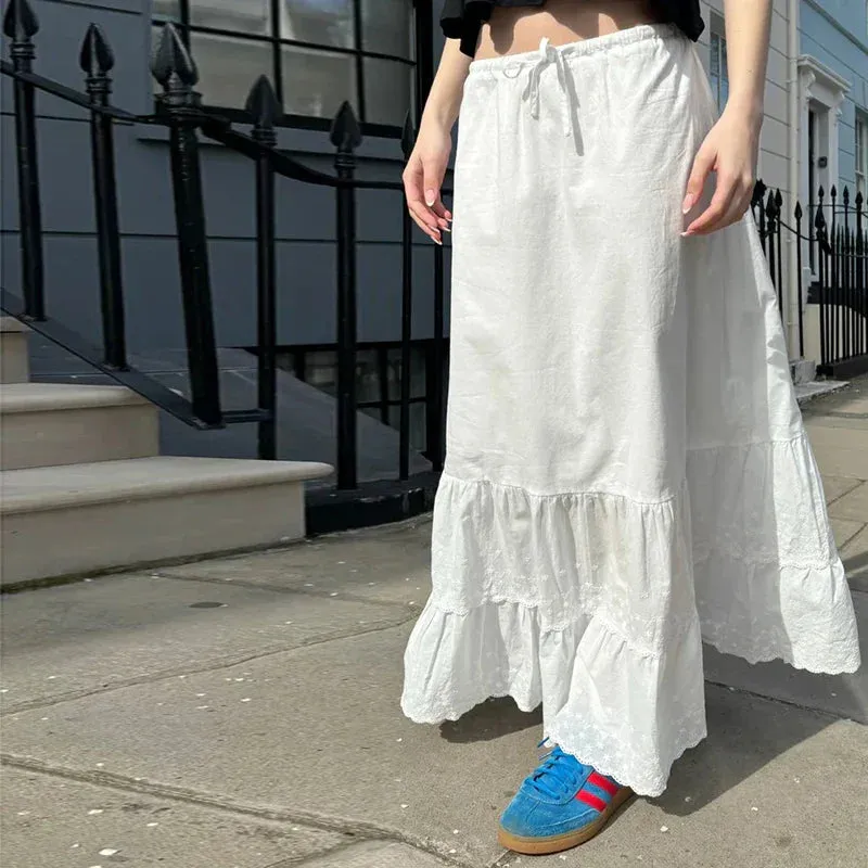 Metaversmall Holidays Streetwear White Maxi Skirt Summer Jacquard Lace Trim Korean Fashion Beach Women Skirt Long French Clothing