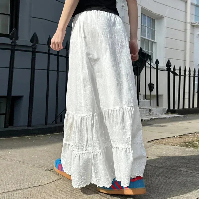 Metaversmall Holidays Streetwear White Maxi Skirt Summer Jacquard Lace Trim Korean Fashion Beach Women Skirt Long French Clothing