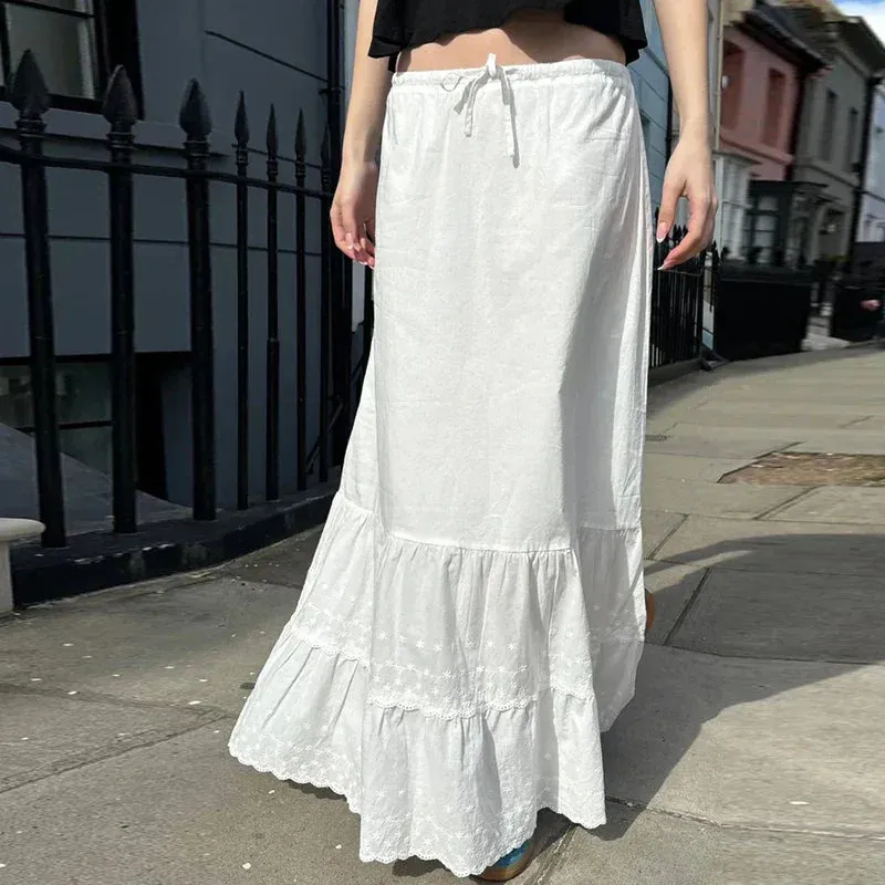 Metaversmall Holidays Streetwear White Maxi Skirt Summer Jacquard Lace Trim Korean Fashion Beach Women Skirt Long French Clothing