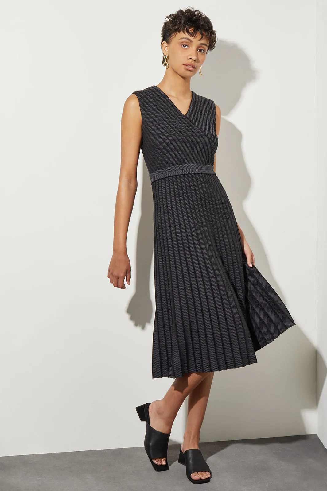 Midi Fit & Flare Dress - V-Neck Stripe Knit