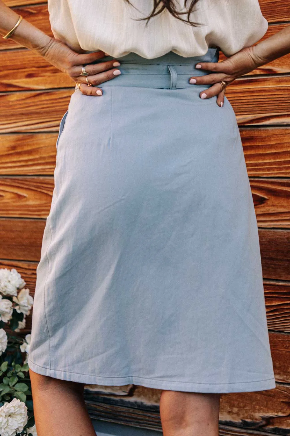 Milena Tie Waist Midi Skirt in Blue