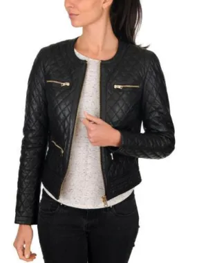 New Women's Black Quilted Slim Fit Biker Style Moto Lambskin Leather Jacket