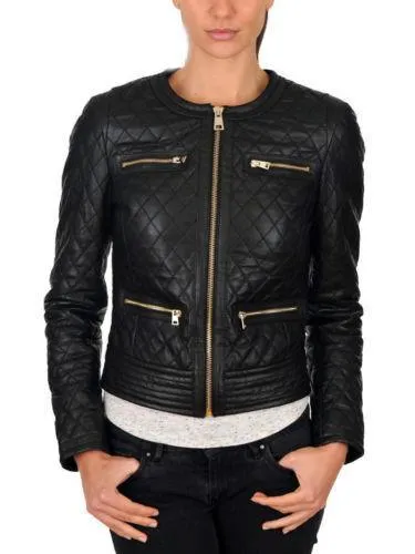 New Women's Black Quilted Slim Fit Biker Style Moto Lambskin Leather Jacket