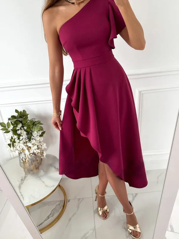 One-Shoulder Asymmetrical Dress with Ruffle Sleeves