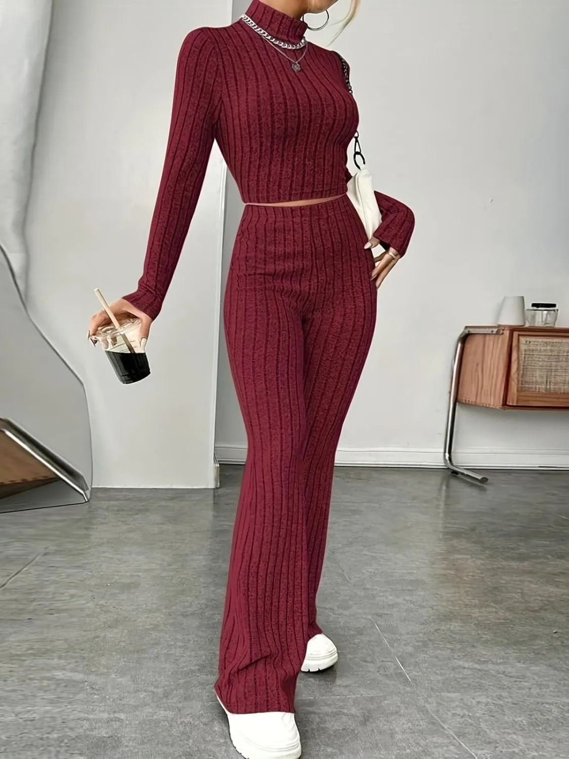 Outfit Set 100% Cotton Premium Luxury Womens Fashion Ribbed Mock Neck Long Sleeve Top and Pants Two Piece Set t