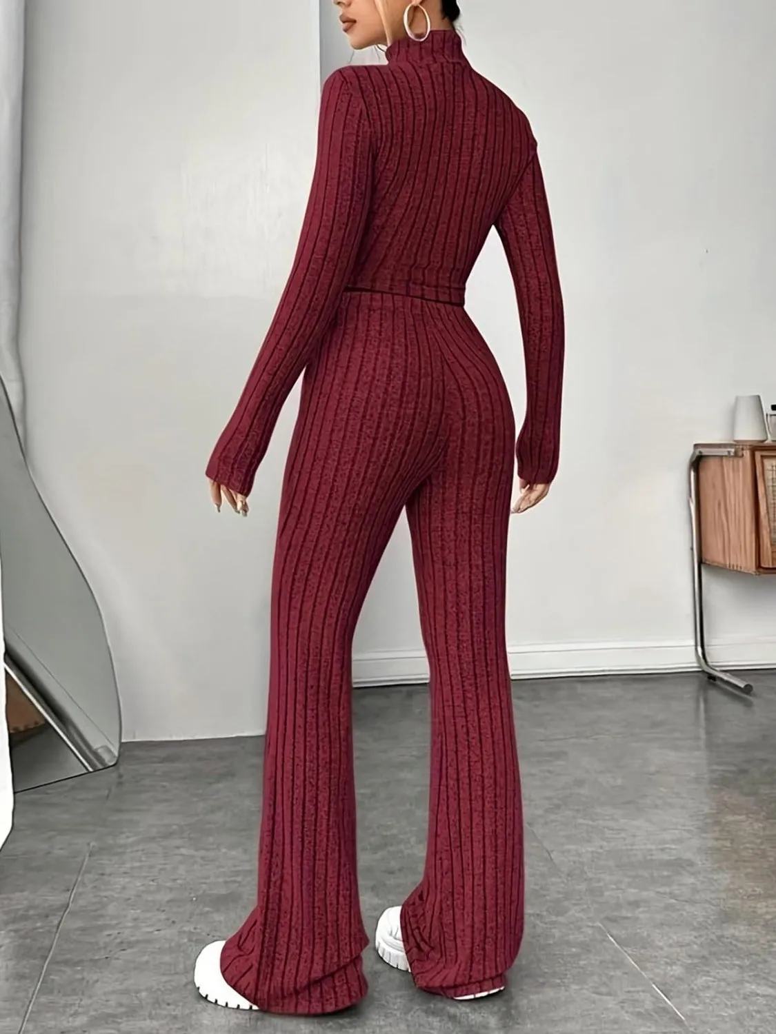 Outfit Set 100% Cotton Premium Luxury Womens Fashion Ribbed Mock Neck Long Sleeve Top and Pants Two Piece Set t