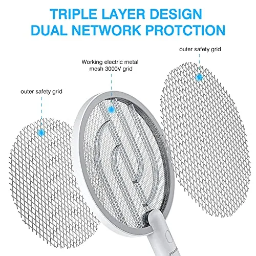 PALONE Electric Fly Swatter 3000V Bug Zapper Racket 2 in 1 Fly Swatter with 1200mAh Battery Rechargeable Mosquito Killer Lamp with 3 Layers Safety Mesh for Indoor and Outdoor