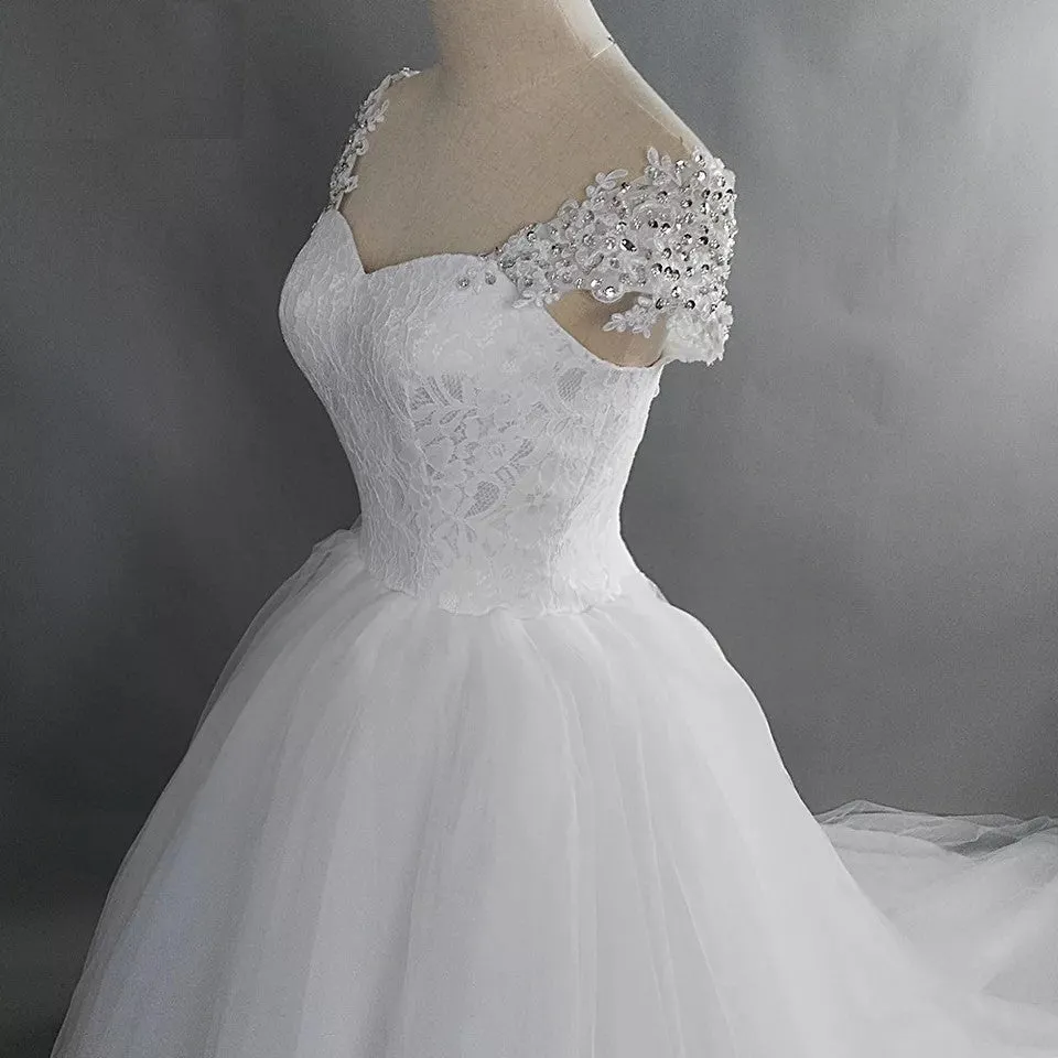 Princess Bejeweled Off Shoulder Lace/Tulle Ball Wedding Gown All Sizes/Colors