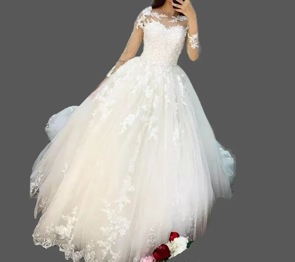 Princess Crystal Detailed Lace/Tulle Ball Wedding Long Sleeved Wedding Gown All Sizes/Colors