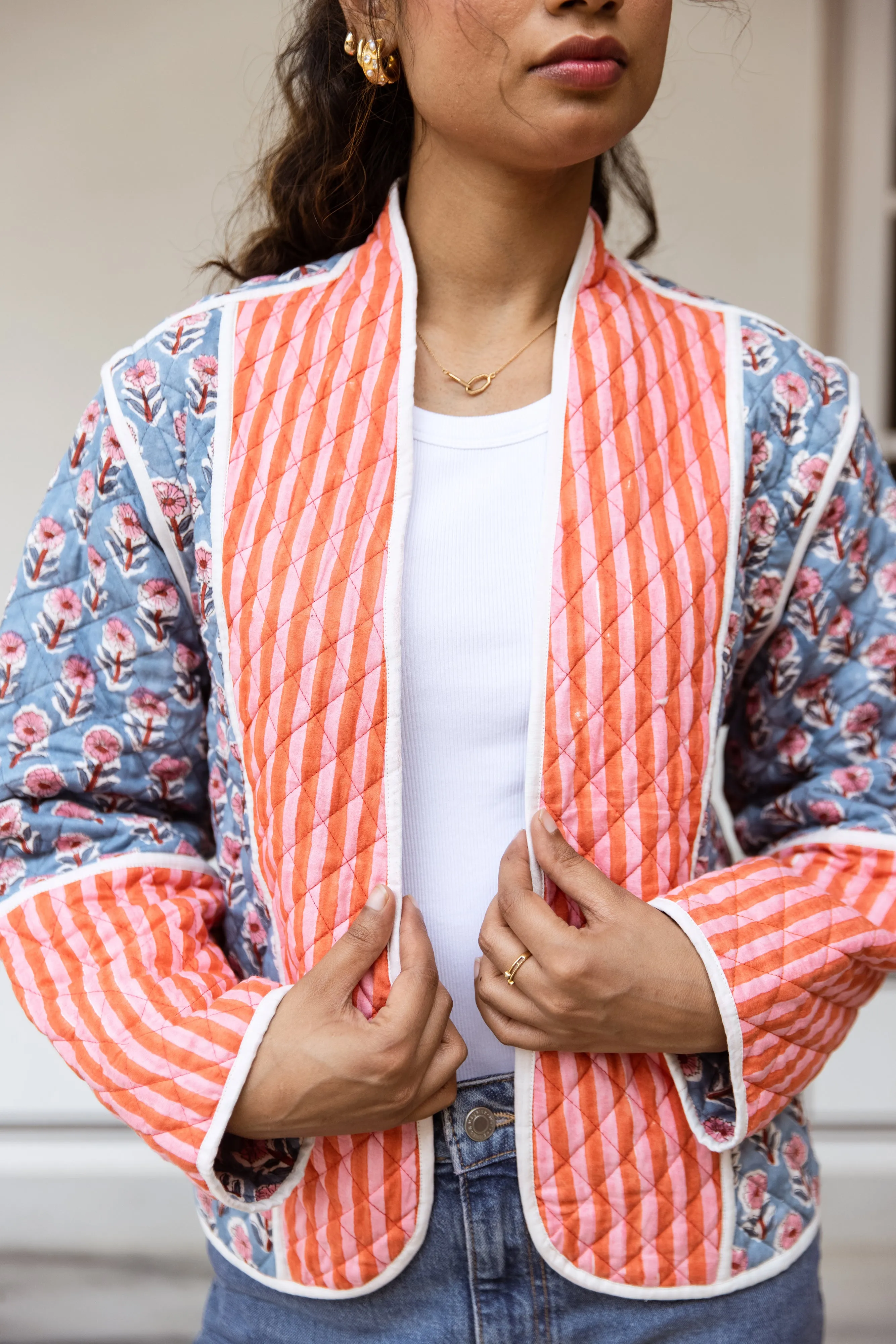 Quilted Jacket & Waistcoat in 1 - Pink Floral and Stripe Print