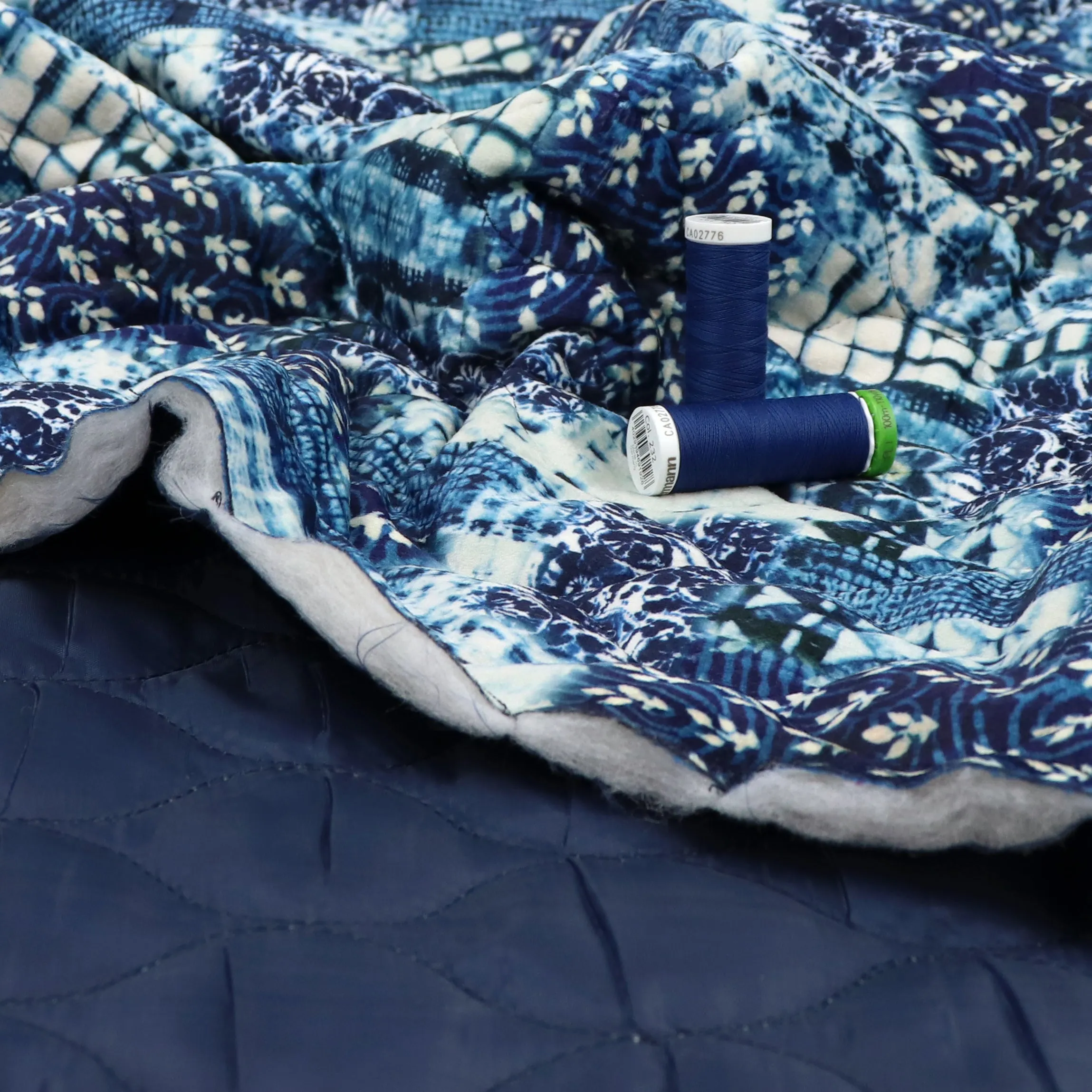 Quilted Velvet Coating - Indigo Patchwork