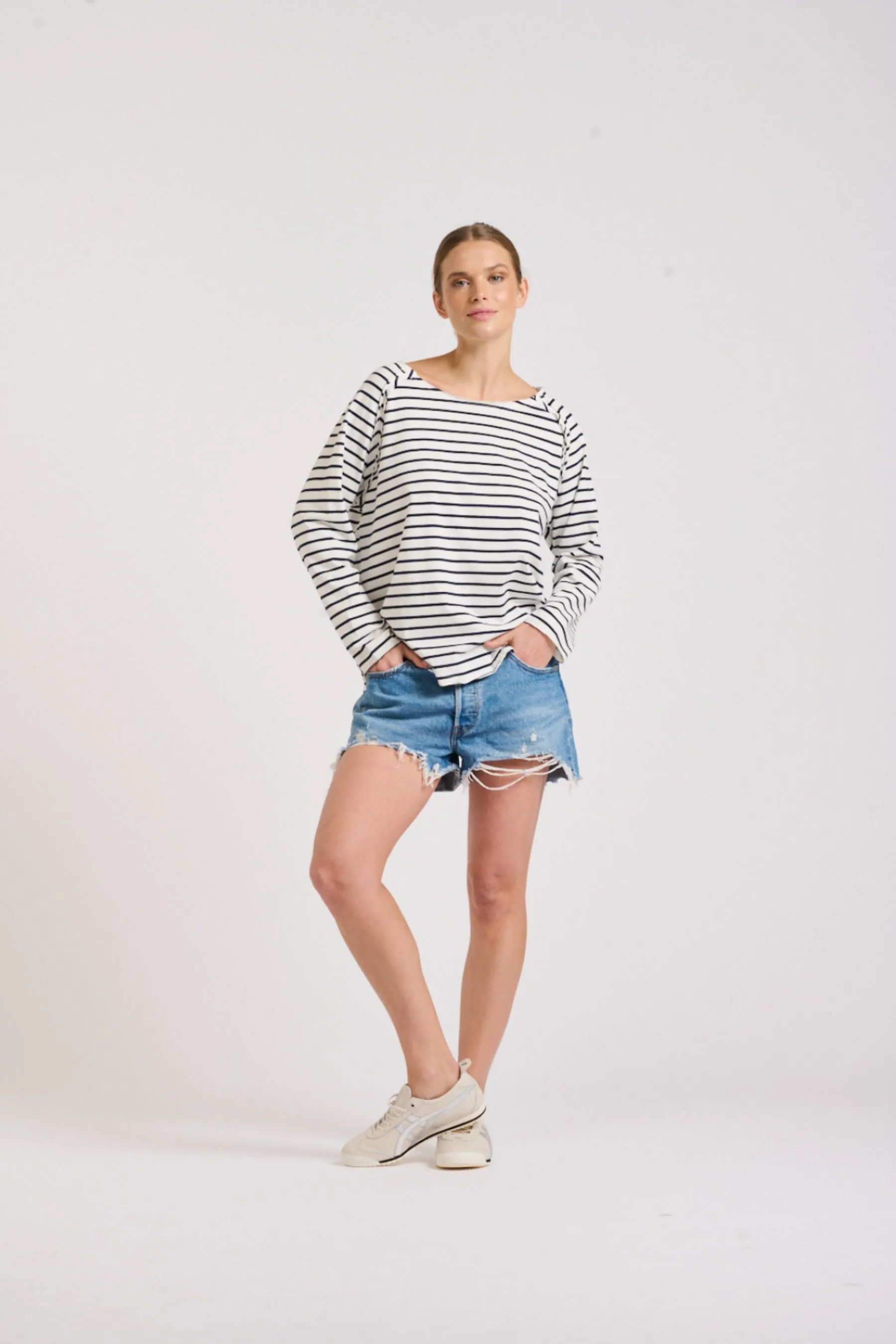 Raw Long Sleeve T-shirt | White/Navy Stripe