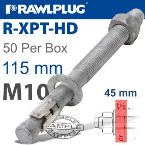 RAWLPLUG R-XPT HOT DIP GALVANIZED THROUGHBOLTS M10X115MM X50 PER BOX RAW R-XPT-HD-10115-45