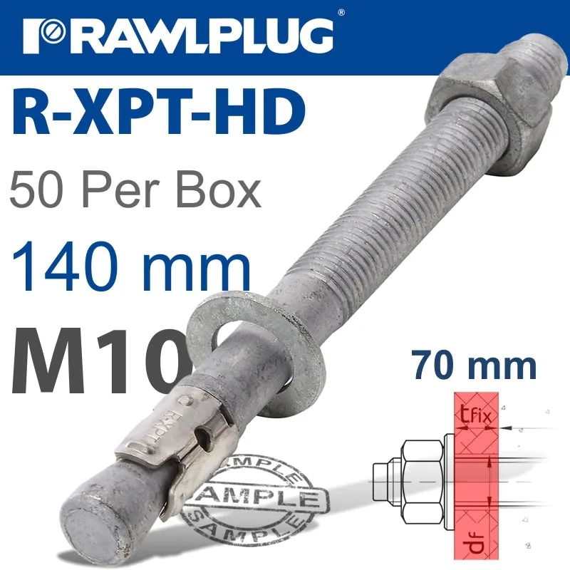 RAWLPLUG R-XPT HOT DIP GALVANIZED THROUGHBOLTS M10X140MM X50 PER BOX RAW R-XPT-HD-10140-70