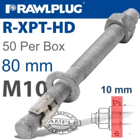 RAWLPLUG R-XPT HOT DIP GALVANIZED THROUGHBOLTS M10X80MM X50 PER BOX RAW R-XPT-HD-10080-10