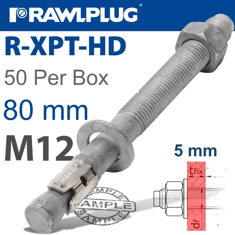 RAWLPLUG R-XPT HOT DIP GALVANIZED THROUGHBOLTS M12X80MM X50 PER BOX RAW R-XPT-HD-12080-5