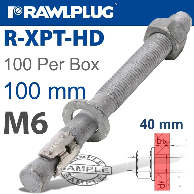 RAWLPLUG R-XPT HOT DIP GALVANIZED THROUGHBOLTS M6X100MM X100 PER BOX RAW R-XPT-HD-06100-40