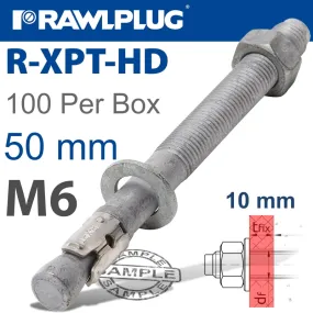 RAWLPLUG R-XPT HOT DIP GALVANIZED THROUGHBOLTS M6X50MM X100 PER BOX RAW R-XPT-HD-06050-10