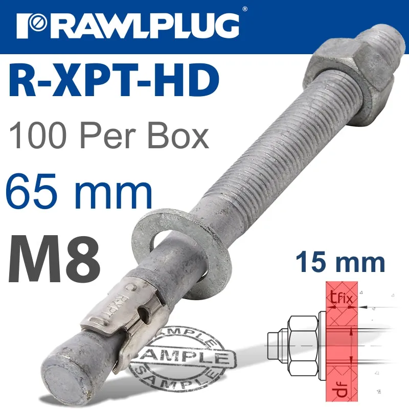 RAWLPLUG R-XPT HOT DIP GALVANIZED THROUGHBOLTS M8X65MM X100 PER BOX RAW R-XPT-HD-08065-15