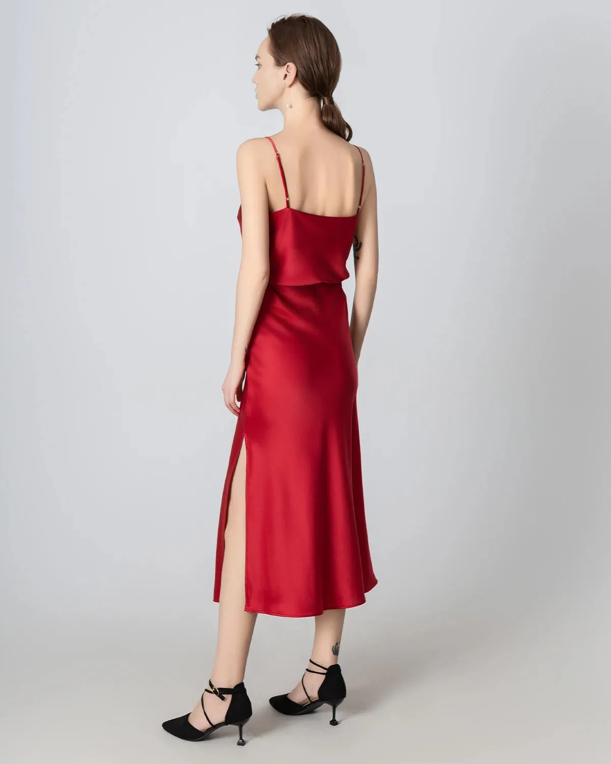 Round Neck Silk Camisole and Silk Midi Skirt Set