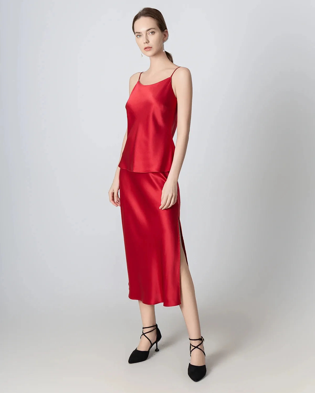 Round Neck Silk Camisole and Silk Midi Skirt Set