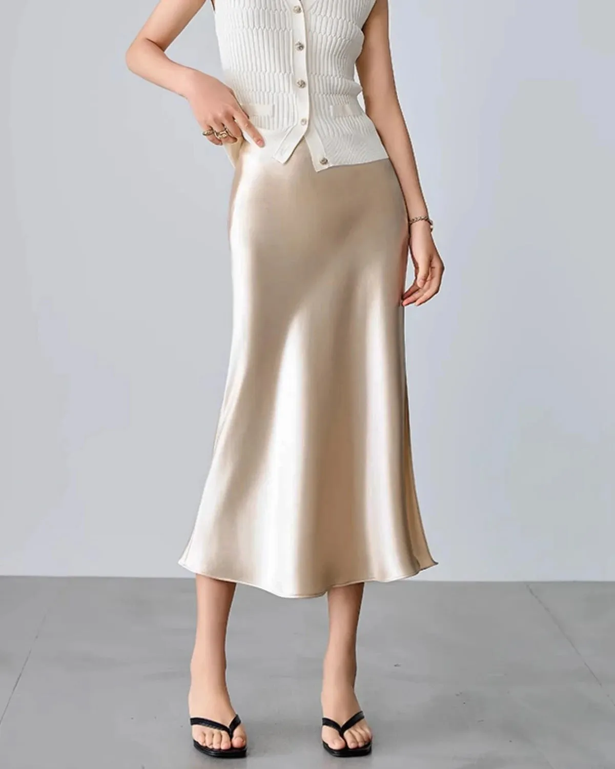 Round Neck Silk Camisole and Silk Midi Skirt Set