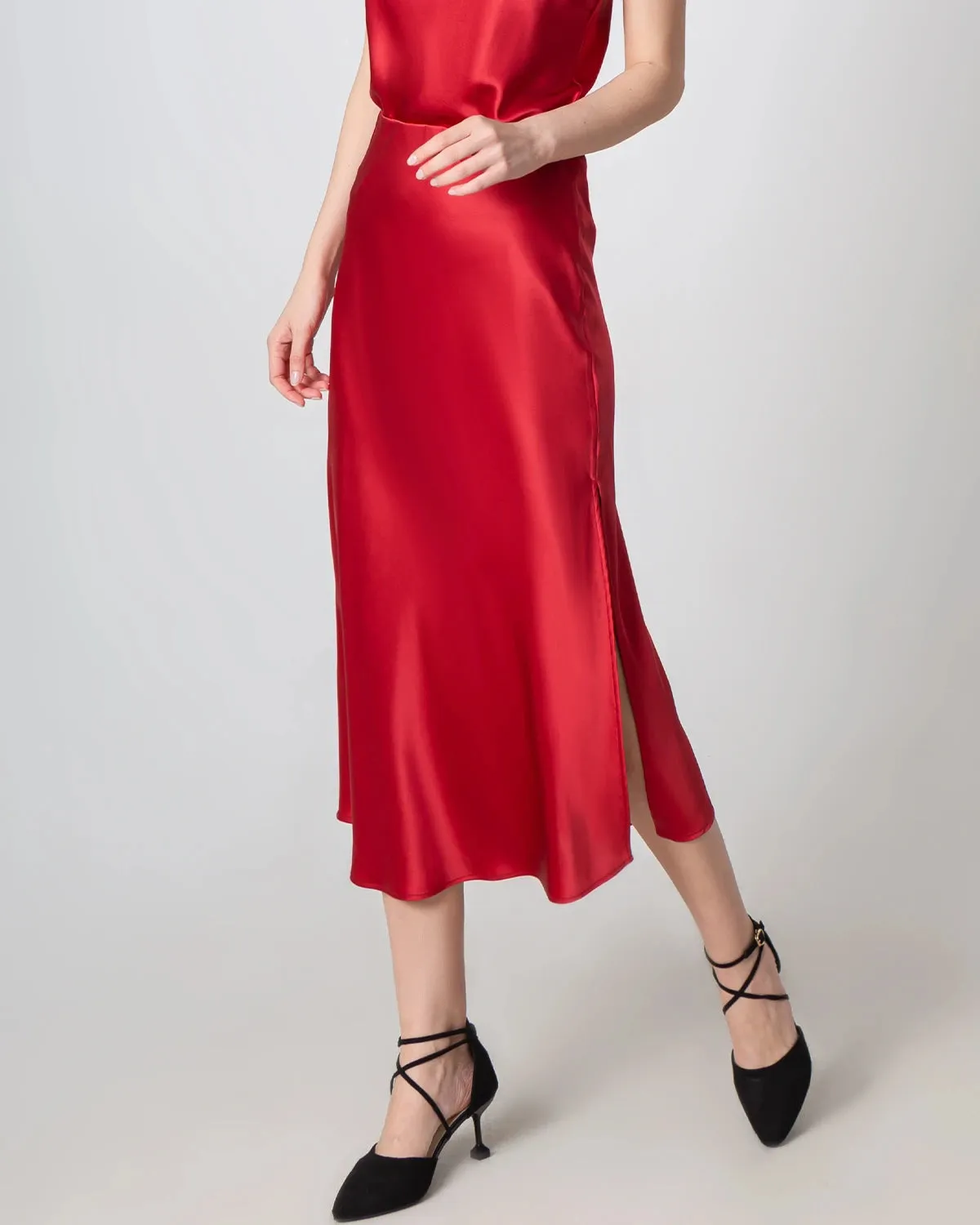 Round Neck Silk Camisole and Silk Midi Skirt Set