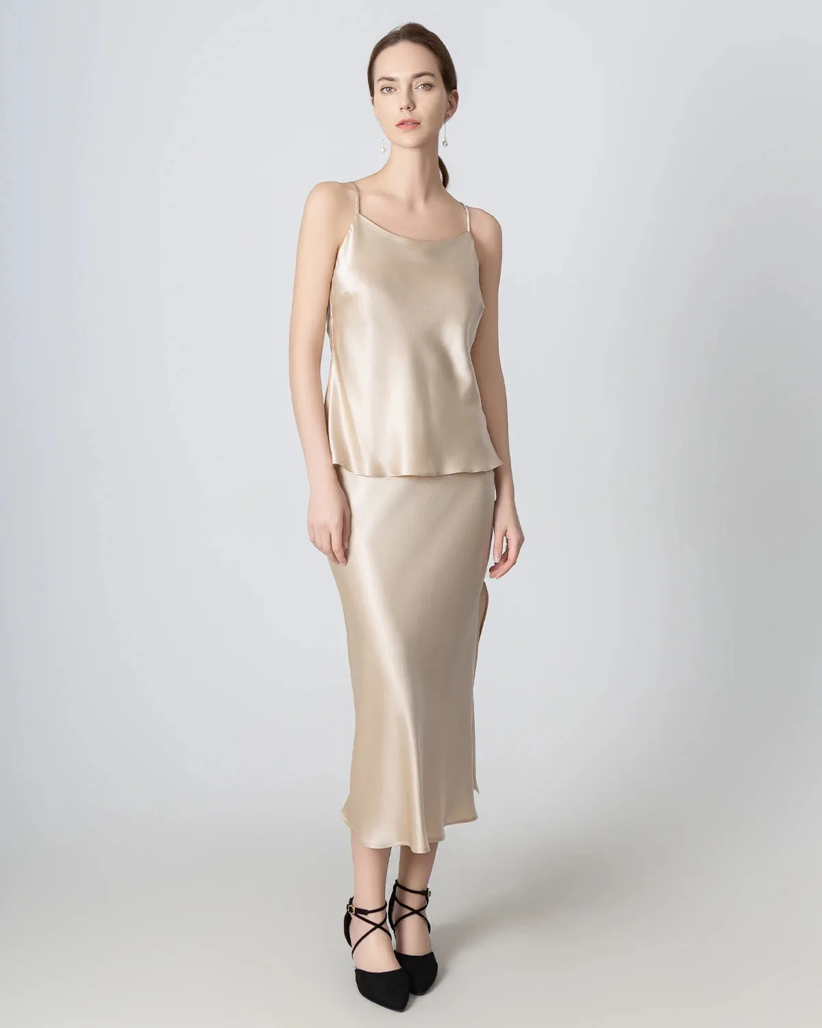 Round Neck Silk Camisole and Silk Midi Skirt Set