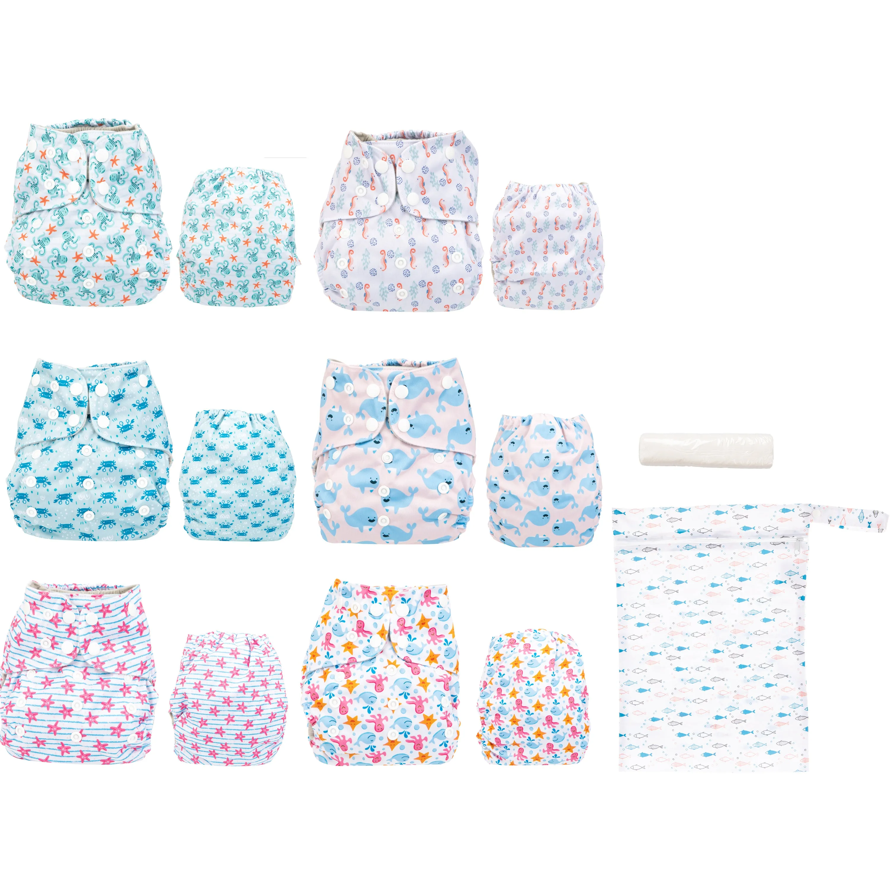 Simple Being Ocean Animals Print Unisex Reusable Baby Cloth Diapers