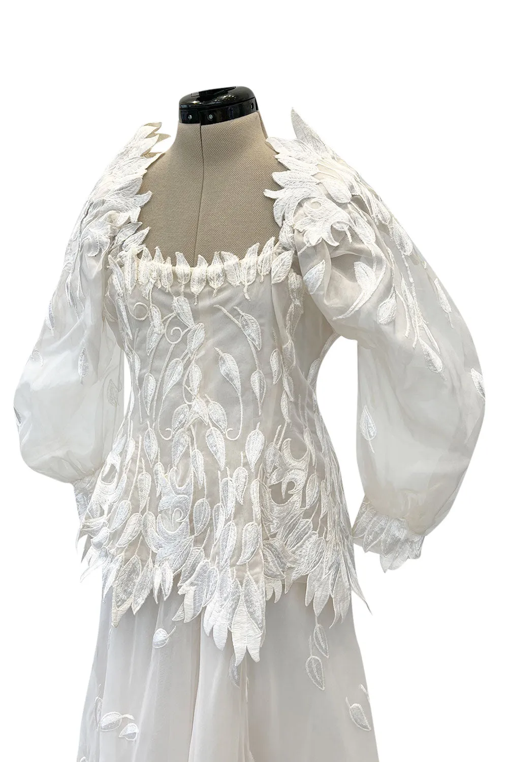 Spectacular Fall 1972 Stavropoulos 'Leaf' Applique Embroidered Silk Organza Ivory Couture Dress