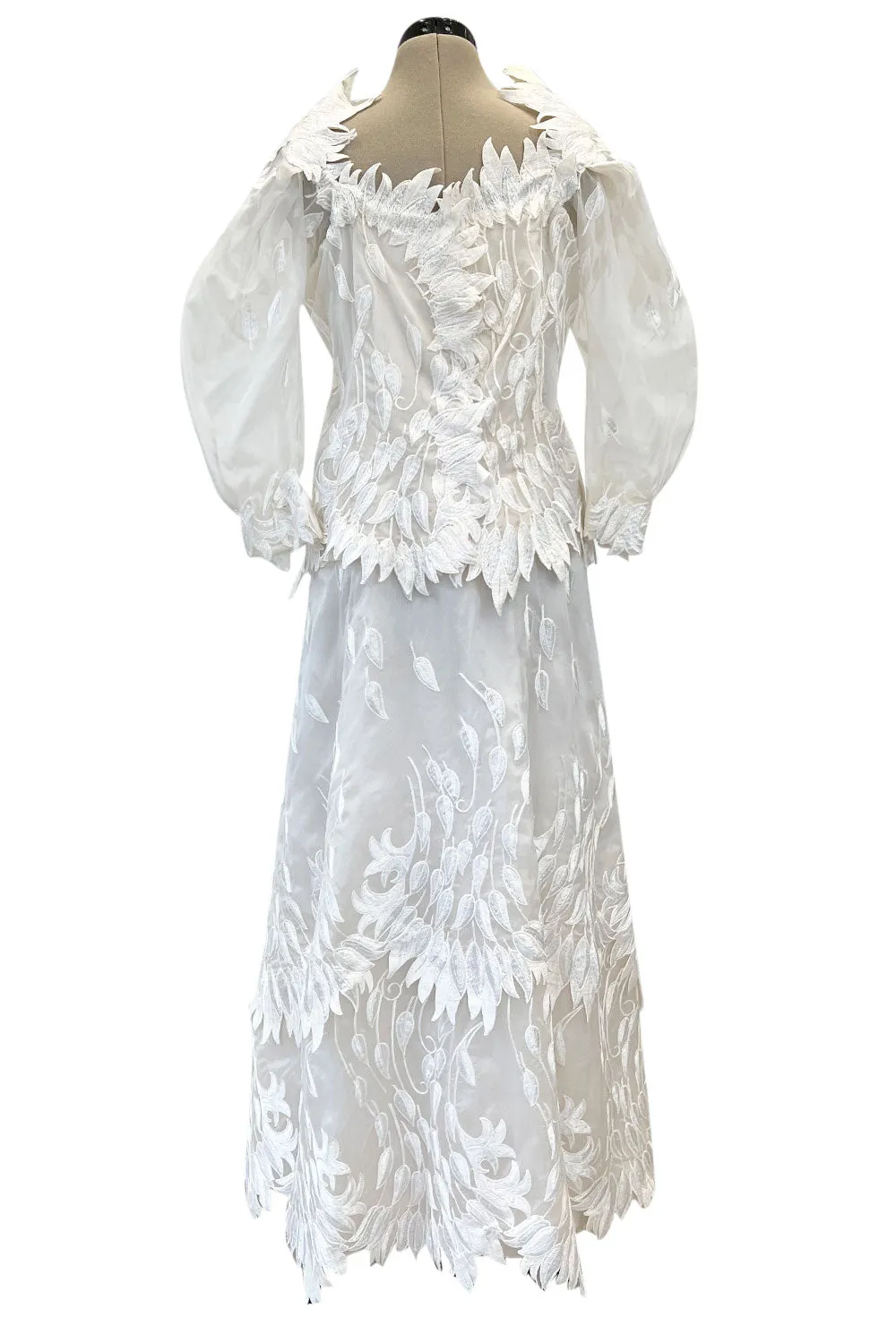 Spectacular Fall 1972 Stavropoulos 'Leaf' Applique Embroidered Silk Organza Ivory Couture Dress