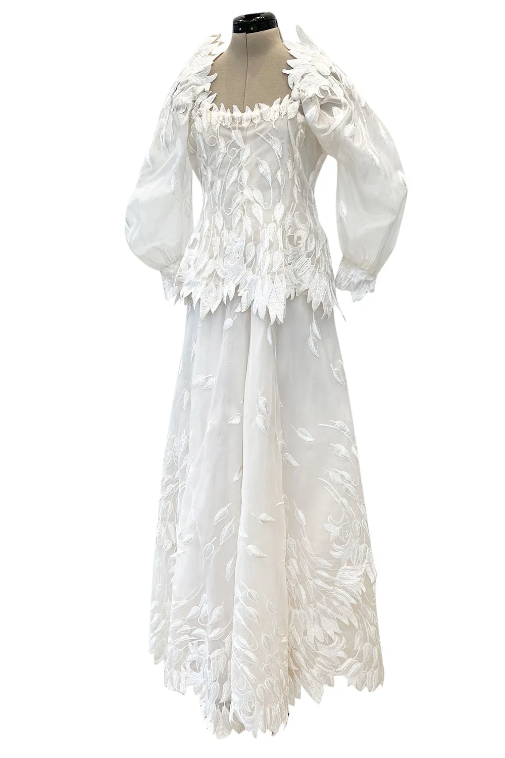 Spectacular Fall 1972 Stavropoulos 'Leaf' Applique Embroidered Silk Organza Ivory Couture Dress