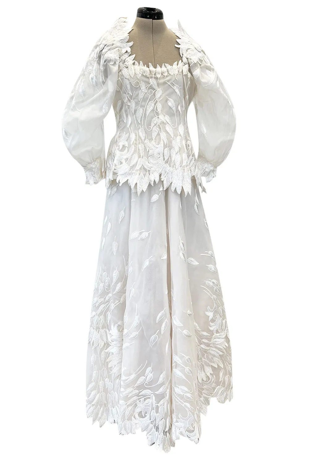 Spectacular Fall 1972 Stavropoulos 'Leaf' Applique Embroidered Silk Organza Ivory Couture Dress