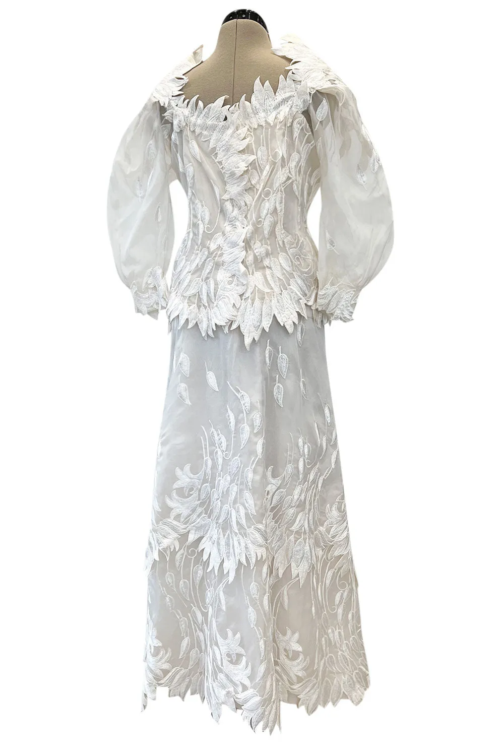 Spectacular Fall 1972 Stavropoulos 'Leaf' Applique Embroidered Silk Organza Ivory Couture Dress