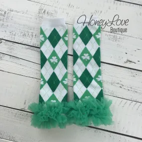 St. Patrick's Day Green/White/Argyle Shamrock leg warmers with green ruffles