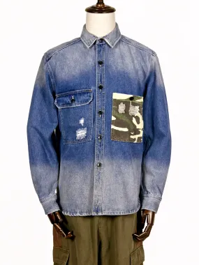 Stone-Washed Denim Shirt with Patched Camouflage Pocket