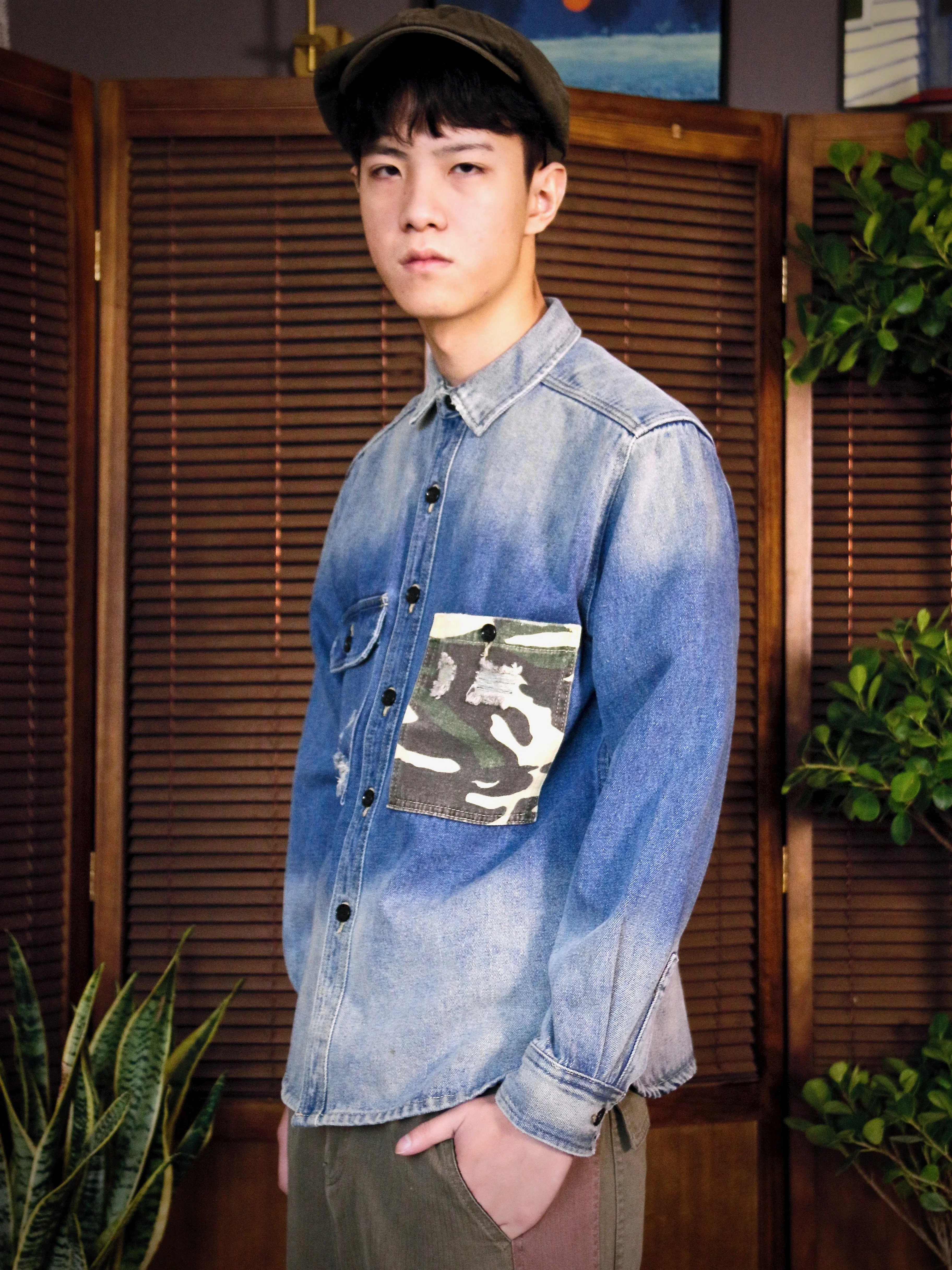 Stone-Washed Denim Shirt with Patched Camouflage Pocket