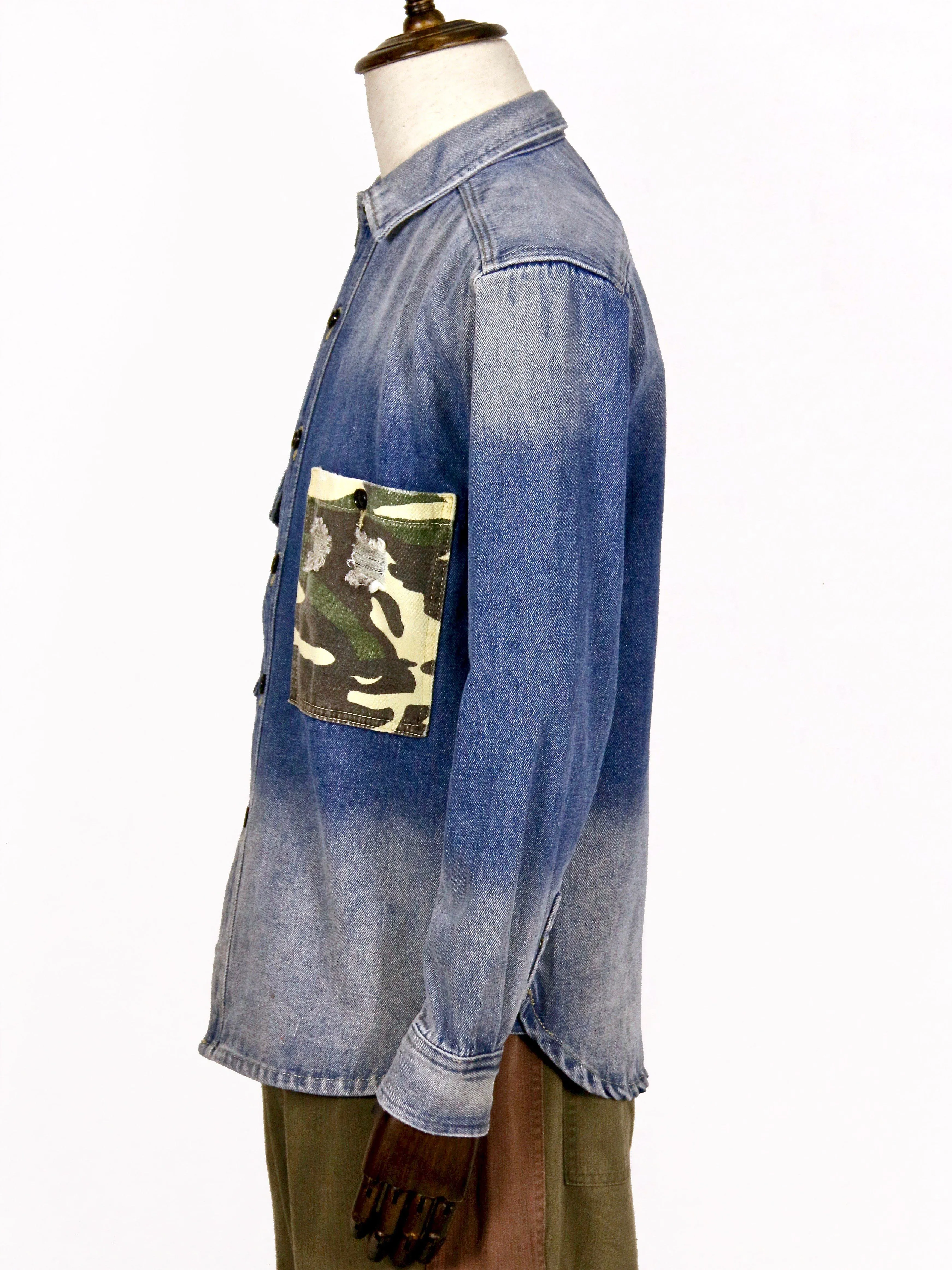 Stone-Washed Denim Shirt with Patched Camouflage Pocket