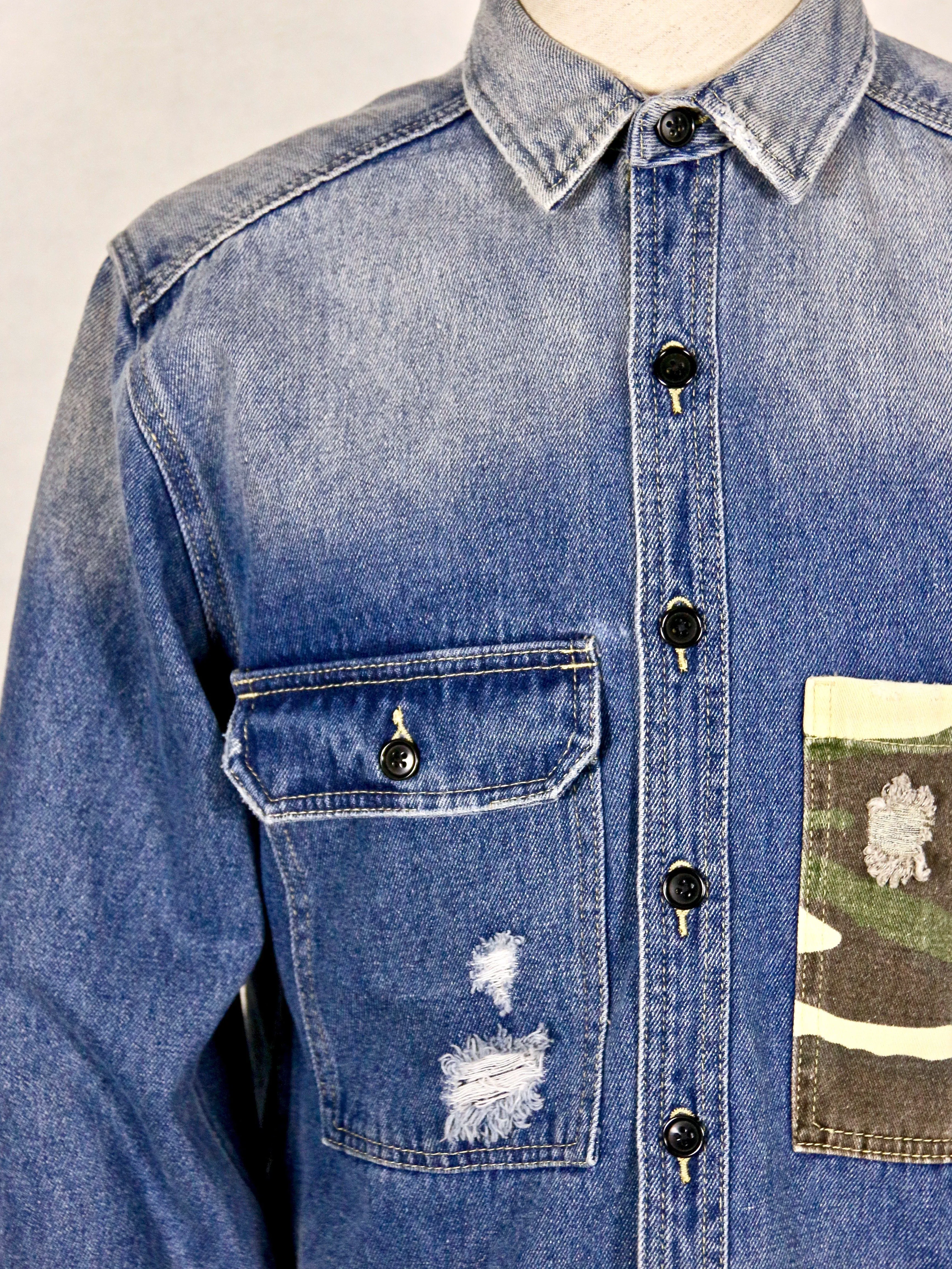 Stone-Washed Denim Shirt with Patched Camouflage Pocket