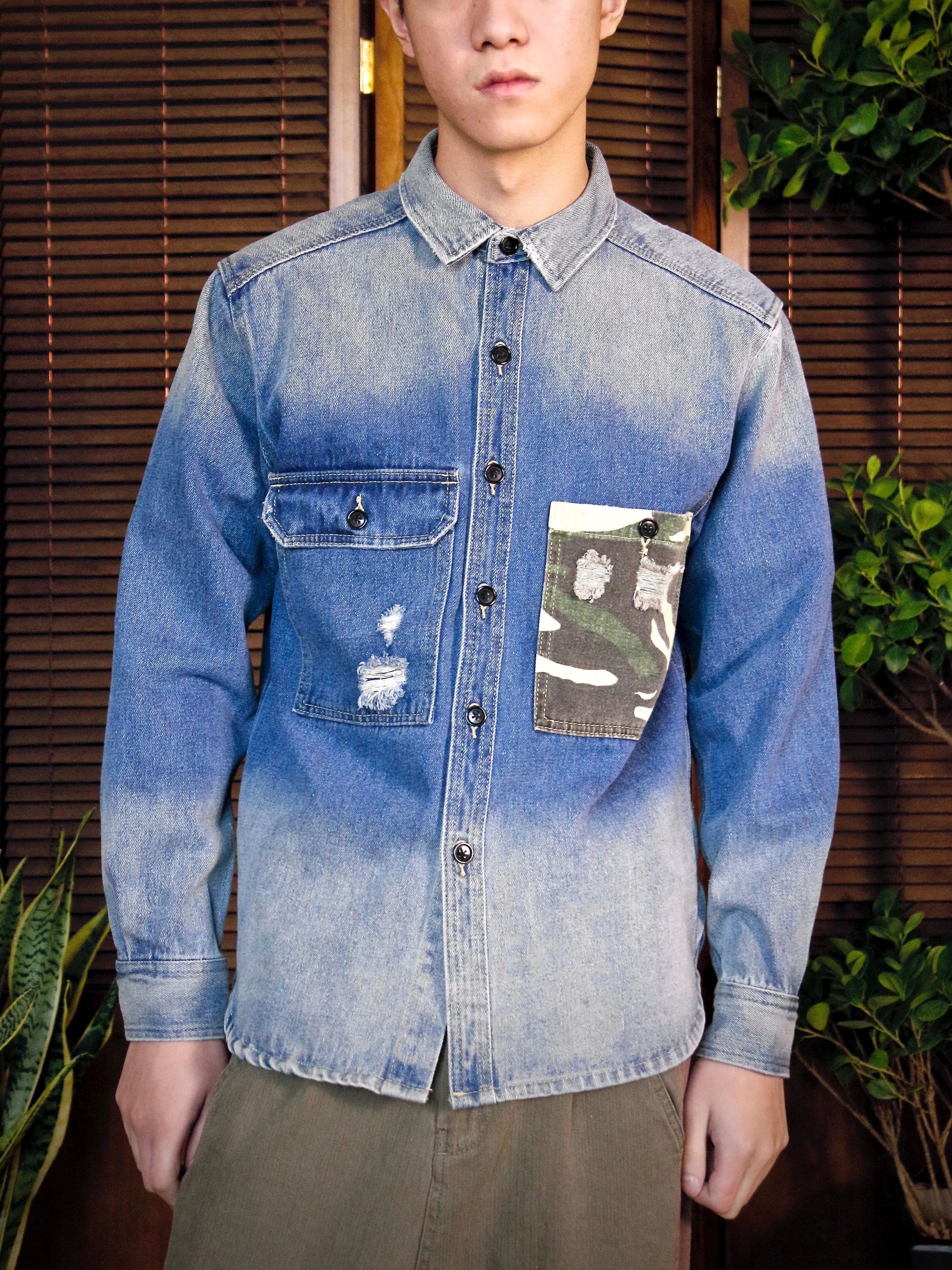 Stone-Washed Denim Shirt with Patched Camouflage Pocket