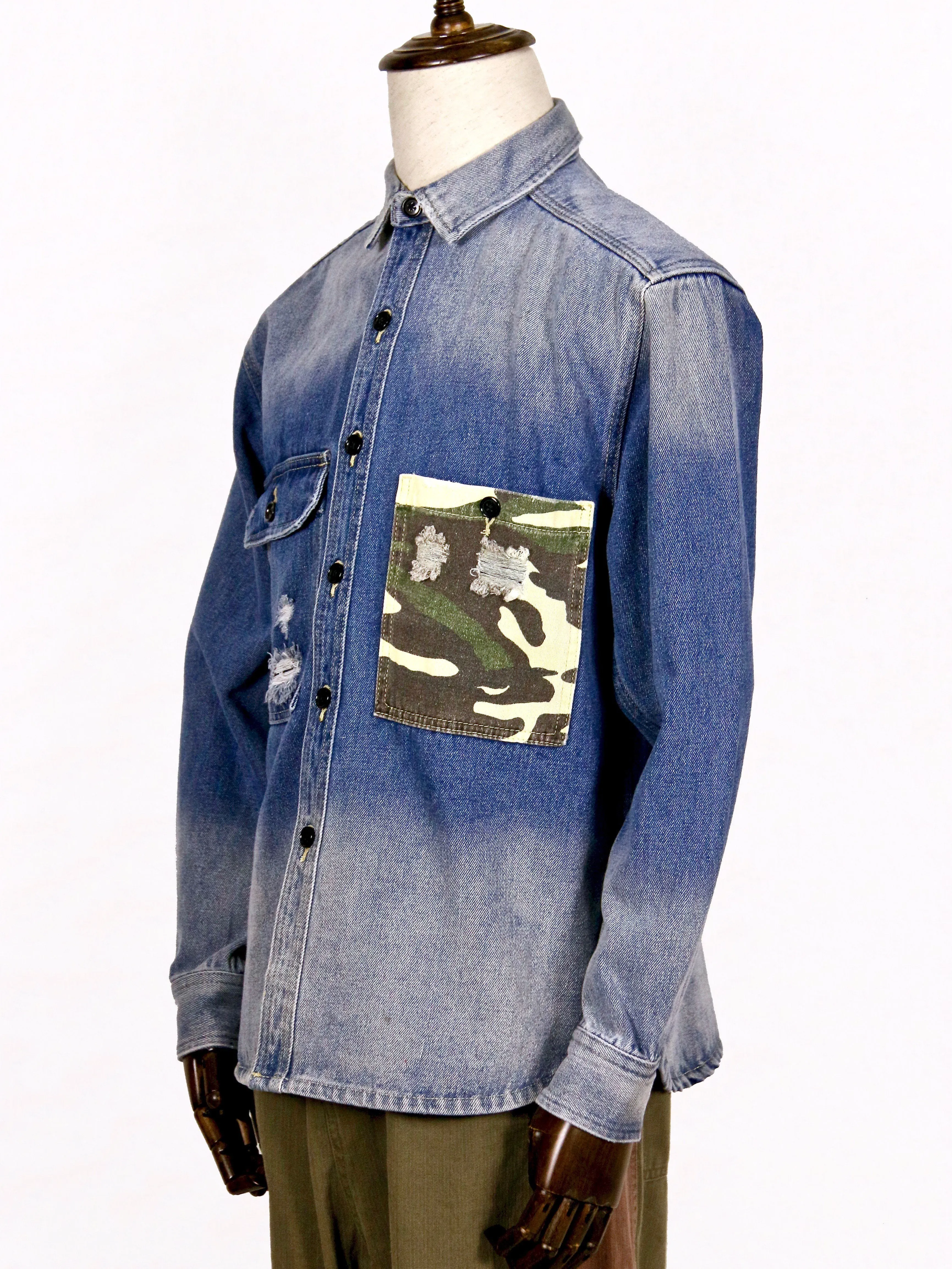 Stone-Washed Denim Shirt with Patched Camouflage Pocket